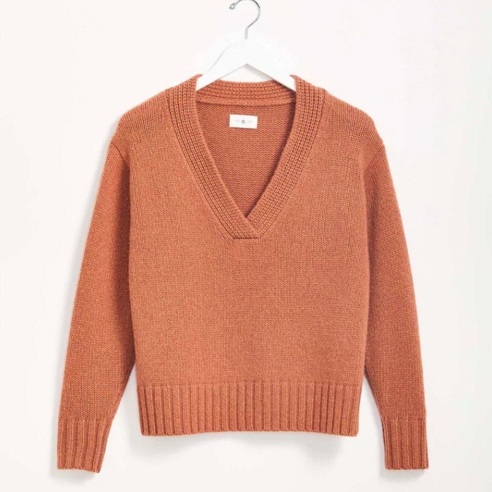 Lou & Grey 100% Cashmere Rust Red Orange Brown V neck Boxy Sweater S